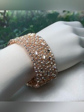 Gold Tone Rhinestone Stretch Cuff Bracelet Wide Statement Crystal Glam Wedding